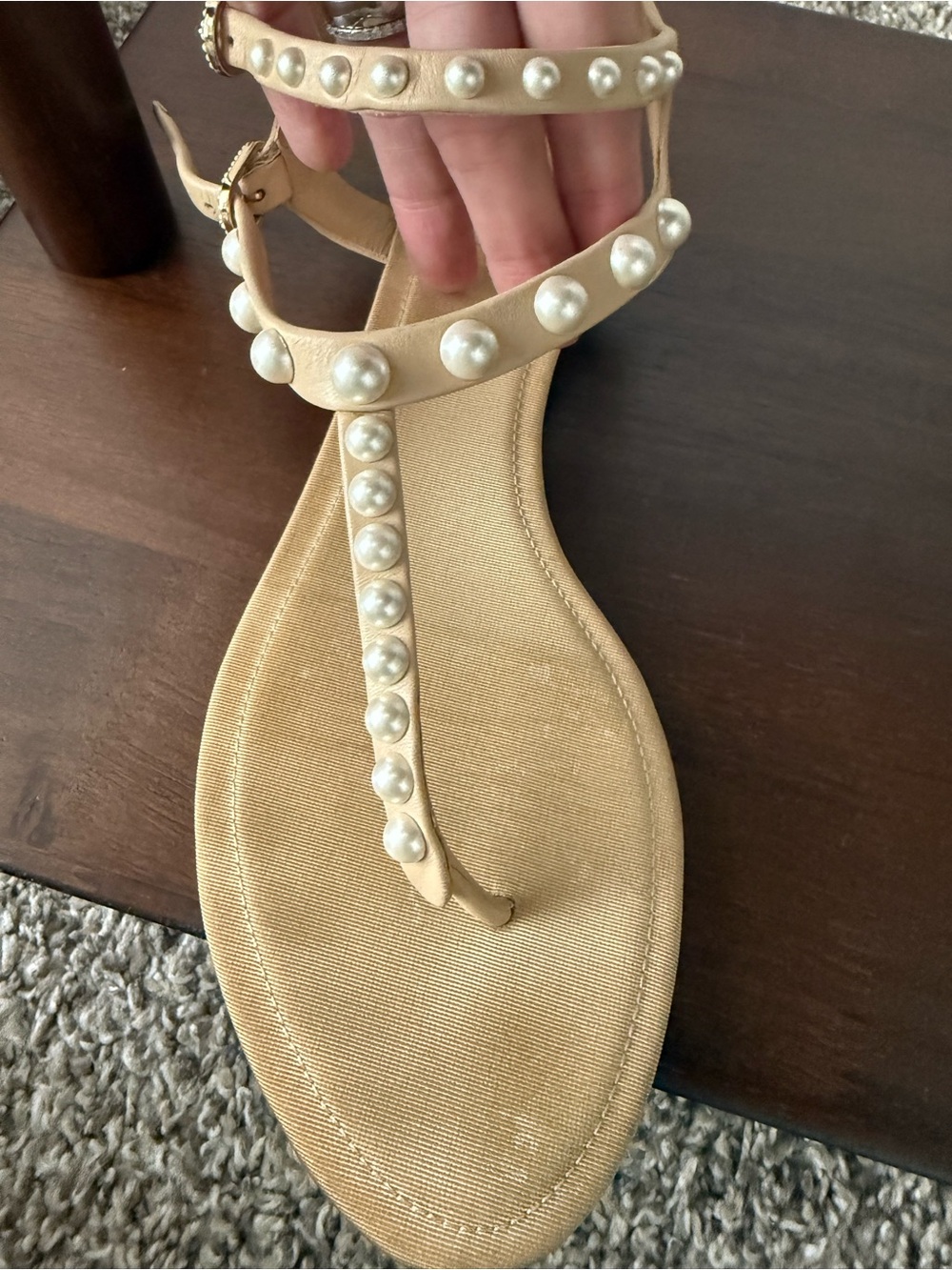 Chanel Nude Pearl-Embellished T-Strap Sandals - Women US9 - Picture 4 of 8